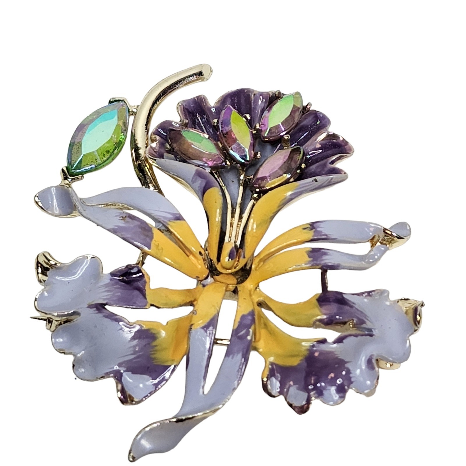Vintage Signed B.S.K. Orchid Brooch Enamel Glass Crystal Purple Brooch Pin