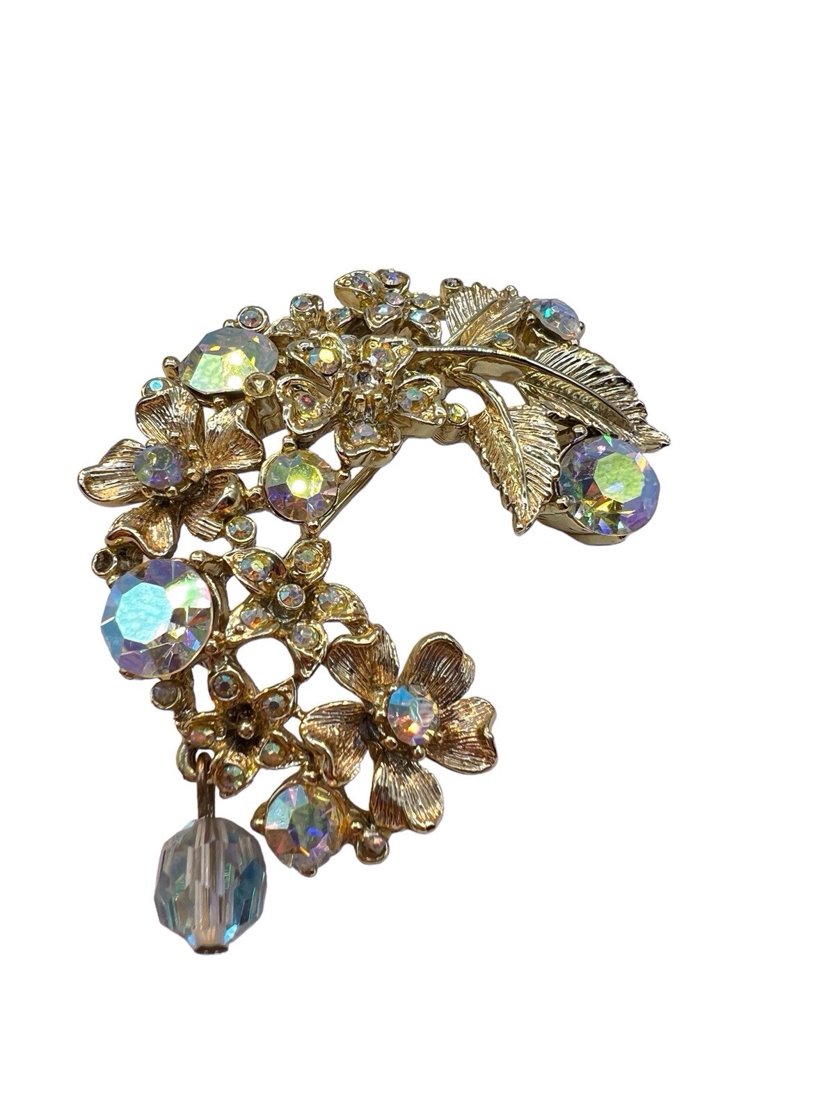 Crescent AB Rhinestone Brooch Floral Swag Dangle Bead Gold Tone Mid Cent READ B3