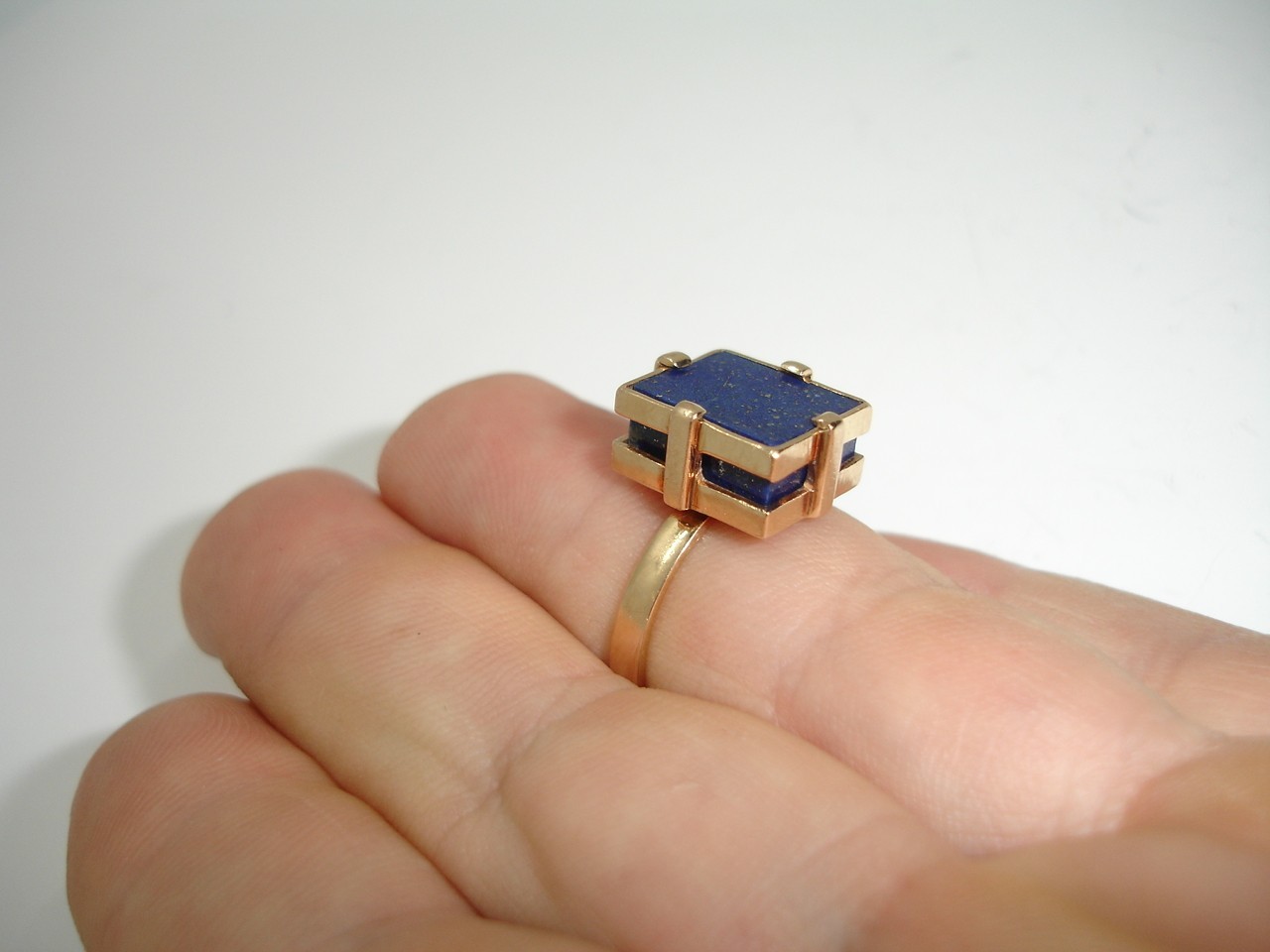 14K Gold Lapis Lazuli Signet Statement Ring Mid Century Deco two-tiered square 7