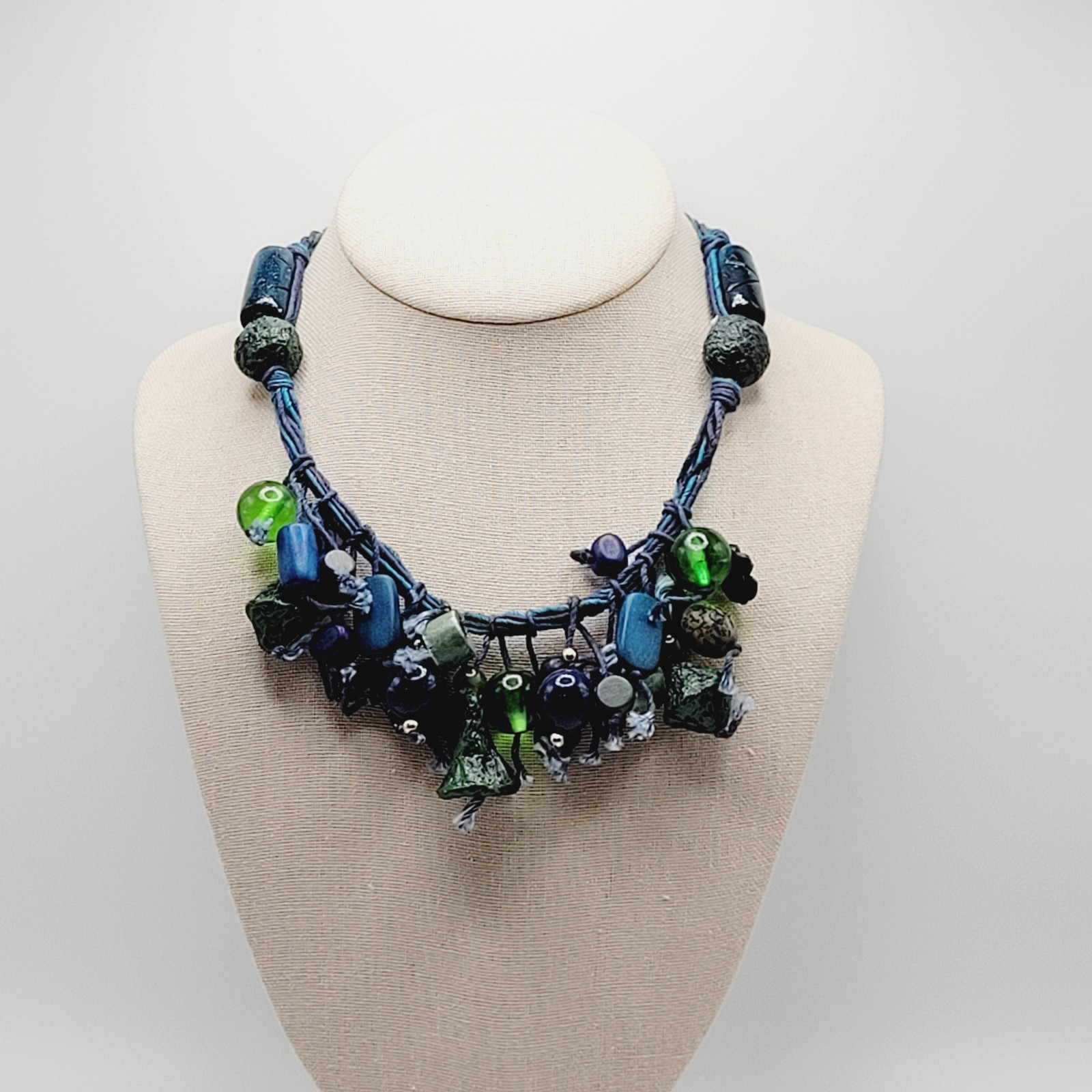 Eclectic Artsy Artisan Braided Cotton Mixed Material Beaded Vintage Necklace