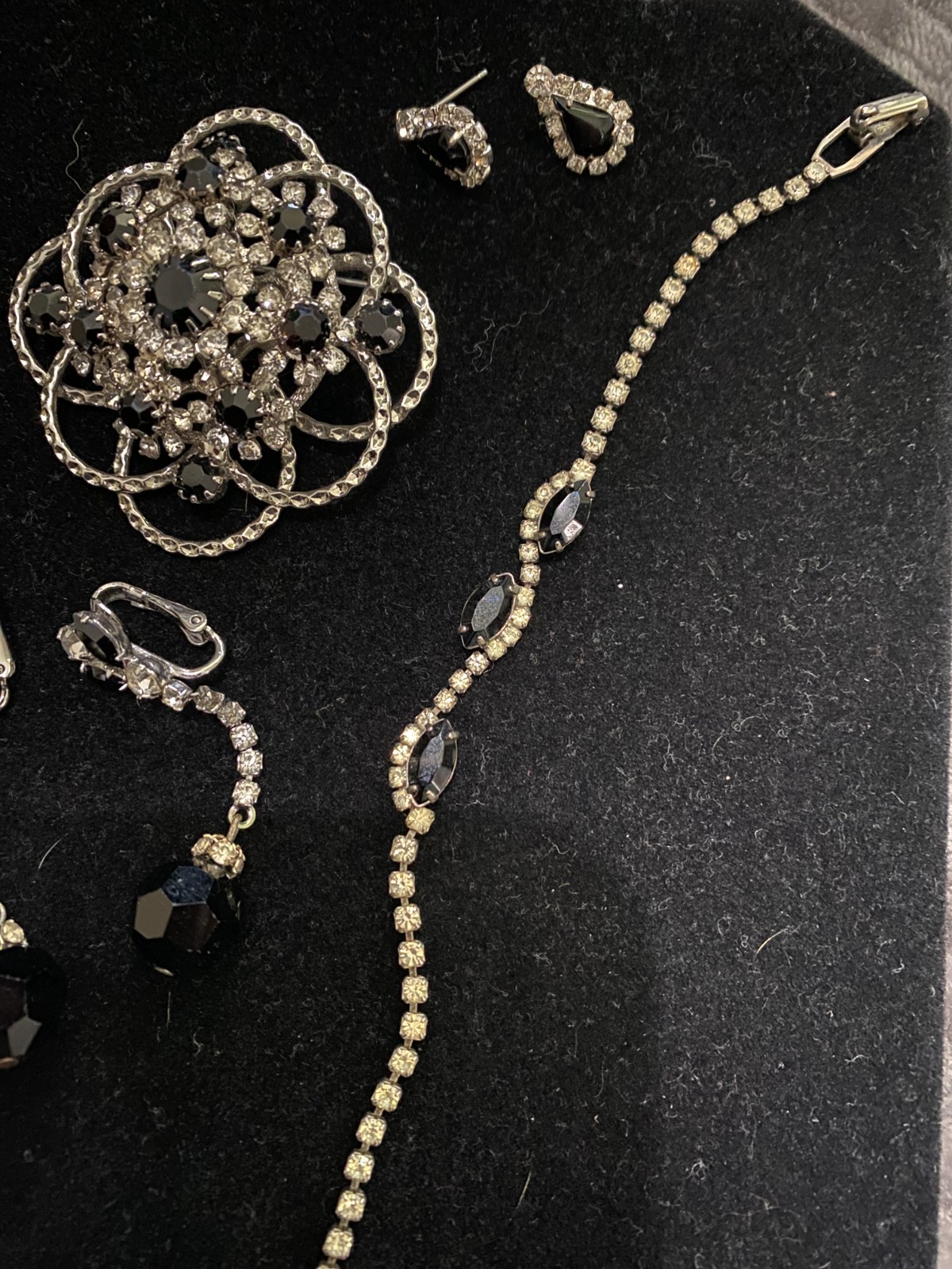 Vintage MCM Black White Clear Rhinestone Jewelry Lot 6 Brooch Bracelets Earrings