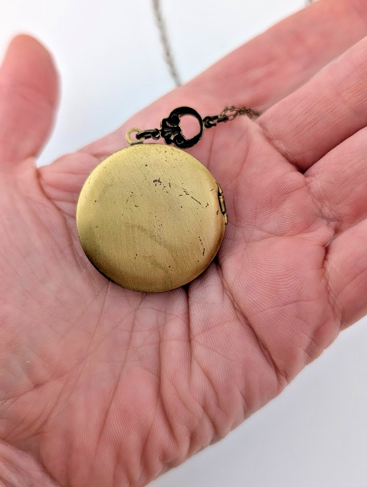 BRASS IRIS FLOWER LOCKET enamel art nouveau style photo pendant bronze chain B6