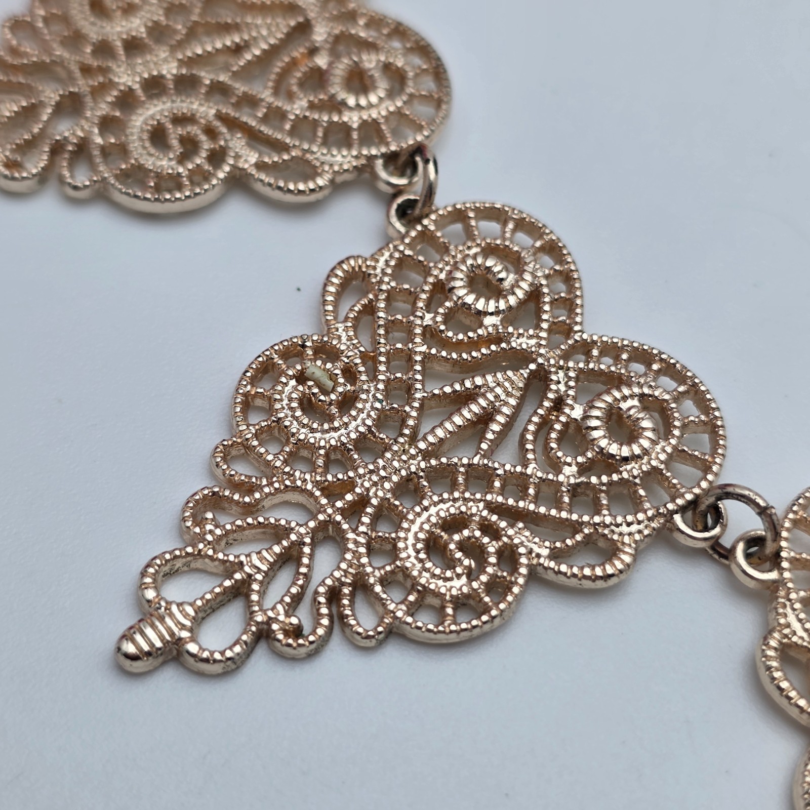 Gold Tone Filigree Heart Panel Link Necklace 17.5 in