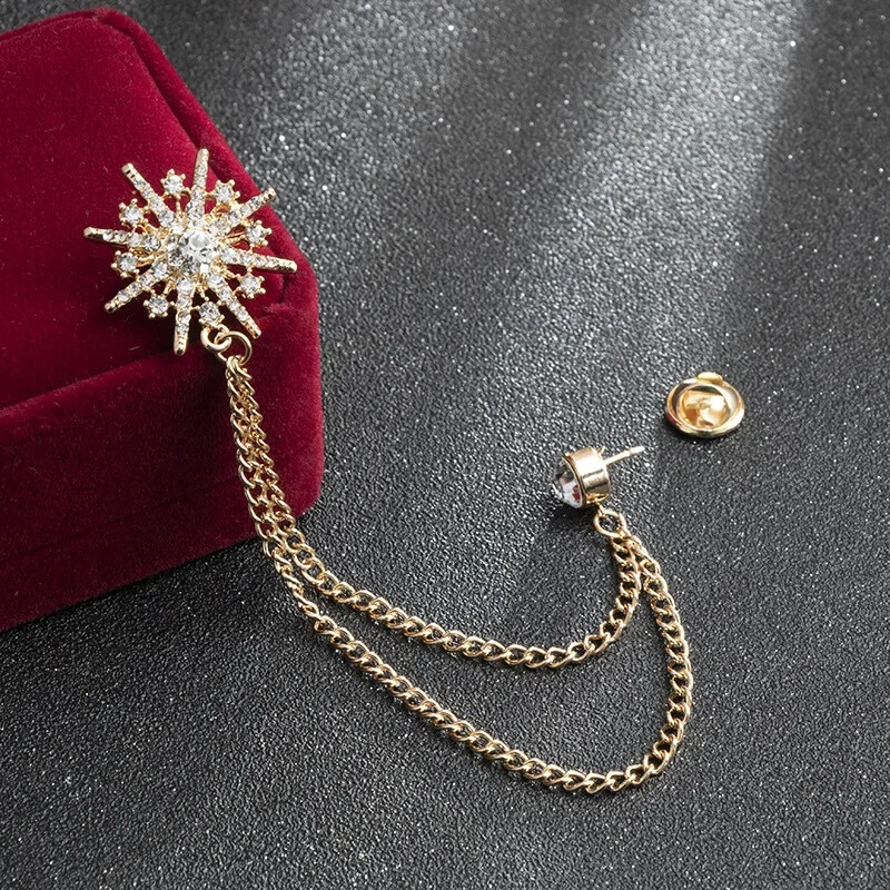 Rhinestone Star Brooch Crystal Tassel Chain Corsage Suit Coat Badge Lapel Pins