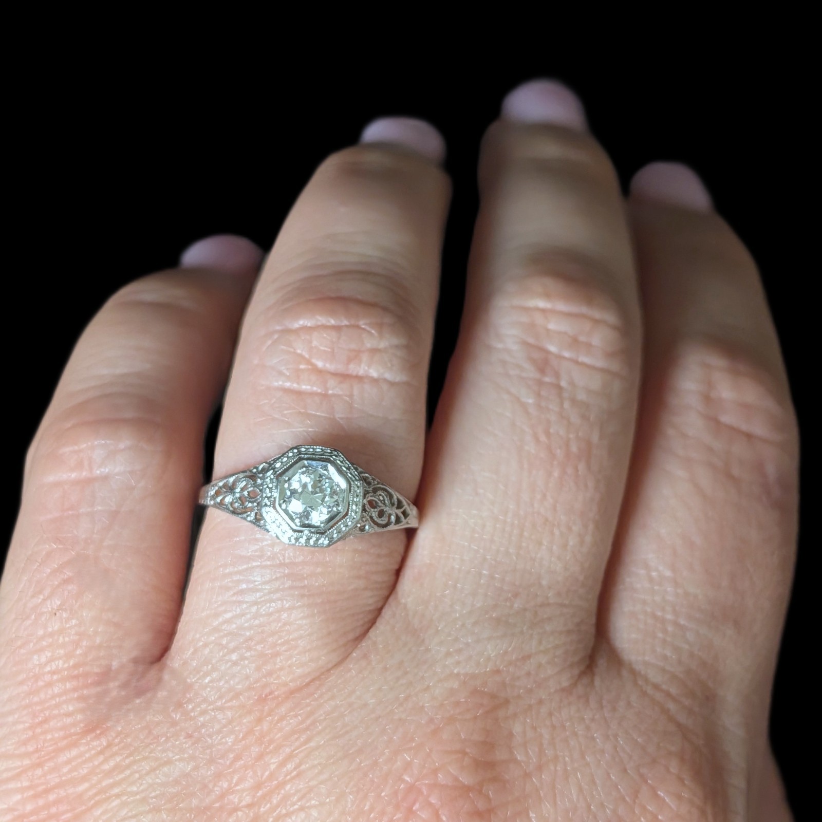 Art Deco Old European Cut Diamond 14k White Gold Platinum Engagement Ring 1920s