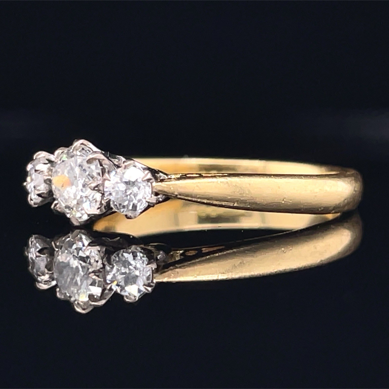 Vintage 3 Stone Old European Cut Diamond Ring 18K Gold English