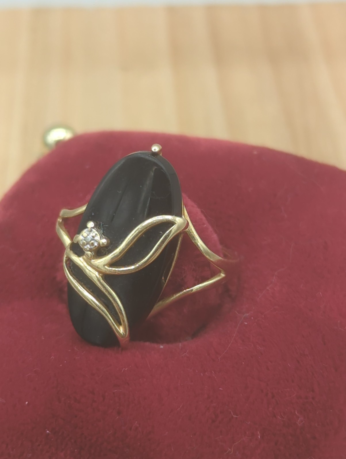 Vintage PSCO-P 14k gold and onyx ring, diamond chip inset size 6 Deco Style