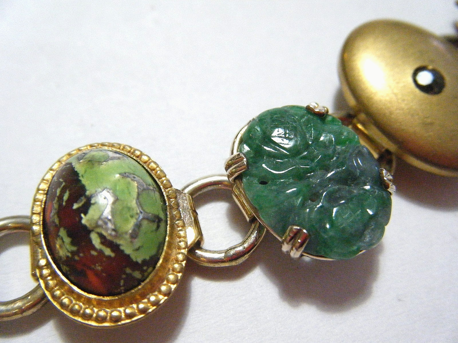 7 3/4″ Long Real Antique Buttons Bracelet Gold Fill Bloodstone Jade Seed Pearls
