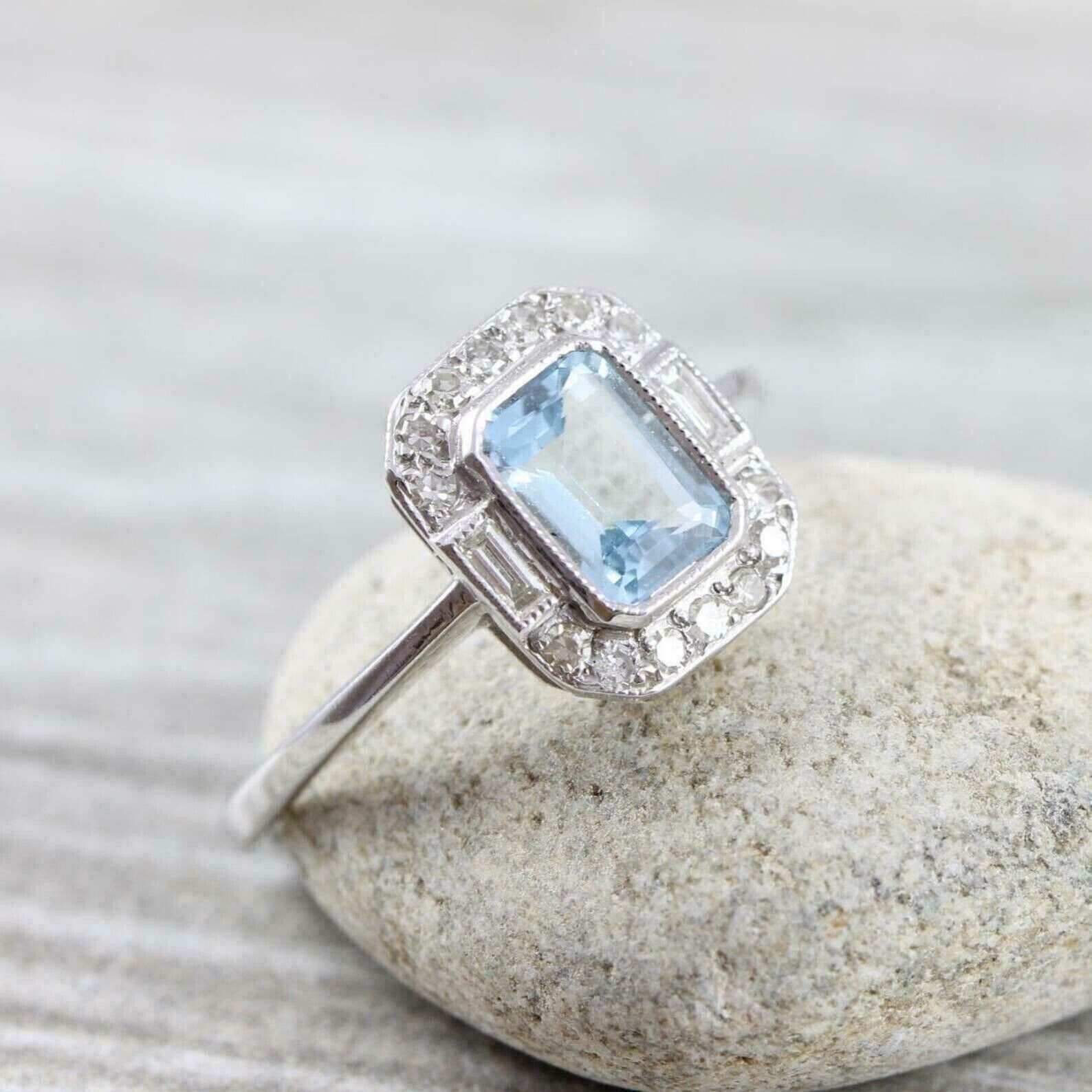 Antique Style 4.50Ct Aquamarine & Lab-Created Diamond Halo Ring Solid 925 Silver