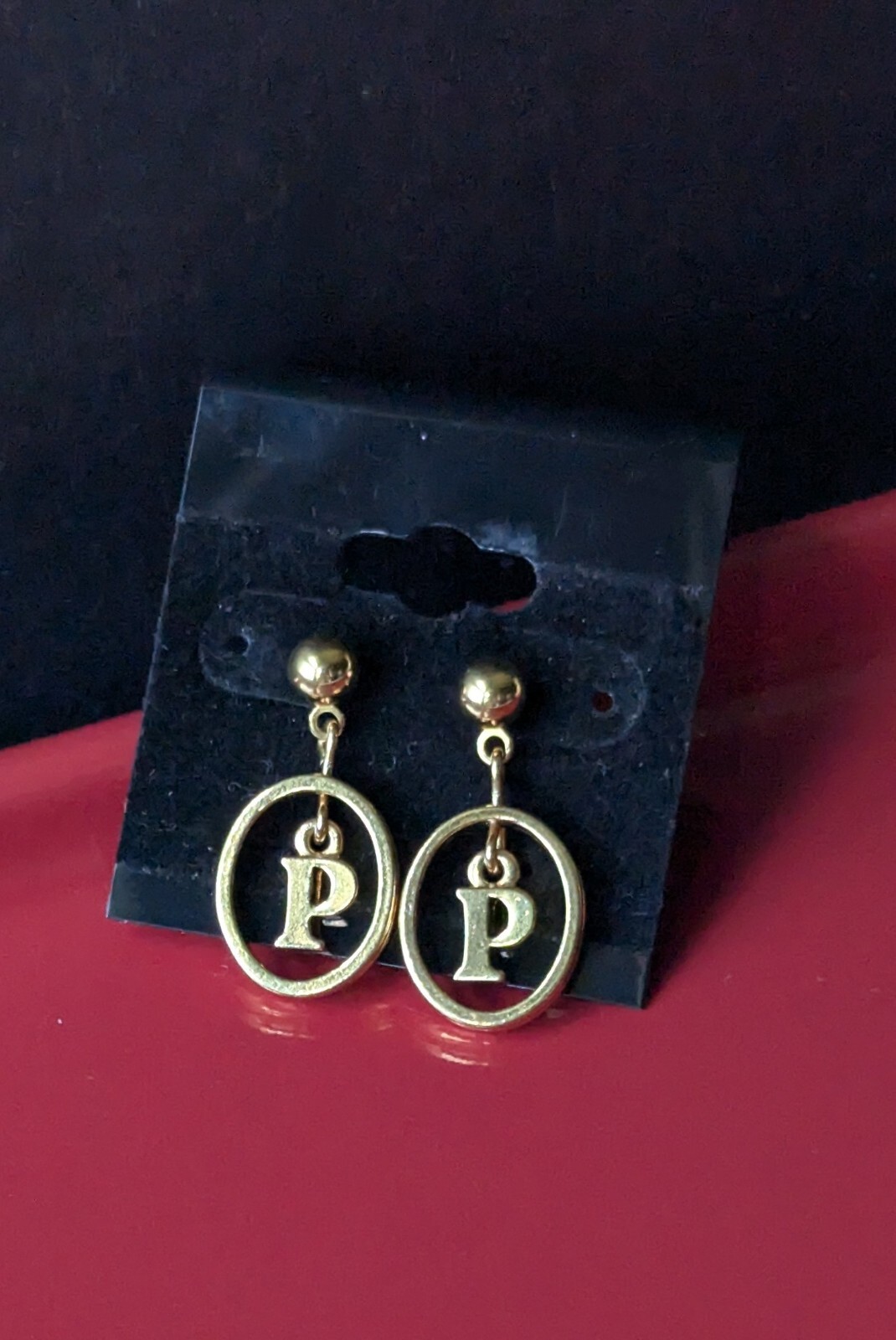 Vintage Pair GOLD Tone POST Stud DANGLE Monogram Letter P Initial 1″ EARRINGS