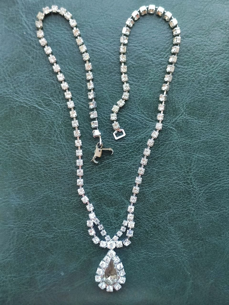 Vintage Soviet Rhinestone Choker Necklace Smoky Glass Drop Pendant USSR 1970s