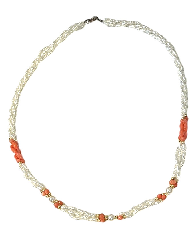 VTG Mother of Pearl Salmon Coral Necklace Triple Twisted Rope 22 Inches