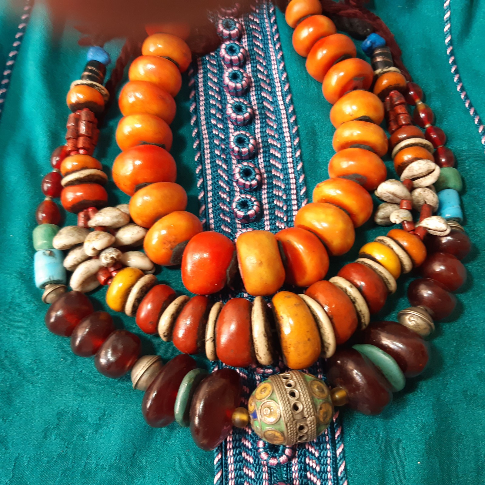 3 old Handcrafted Berber Necklace resin Bead Amber Color Artisan Jewelry Morocco