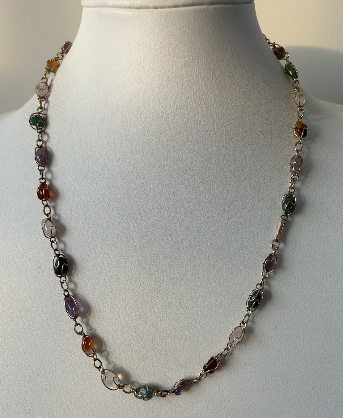 Vintage Multi Gemstone Station Necklace Wire Wrapped Gemstone Link Chain 22”