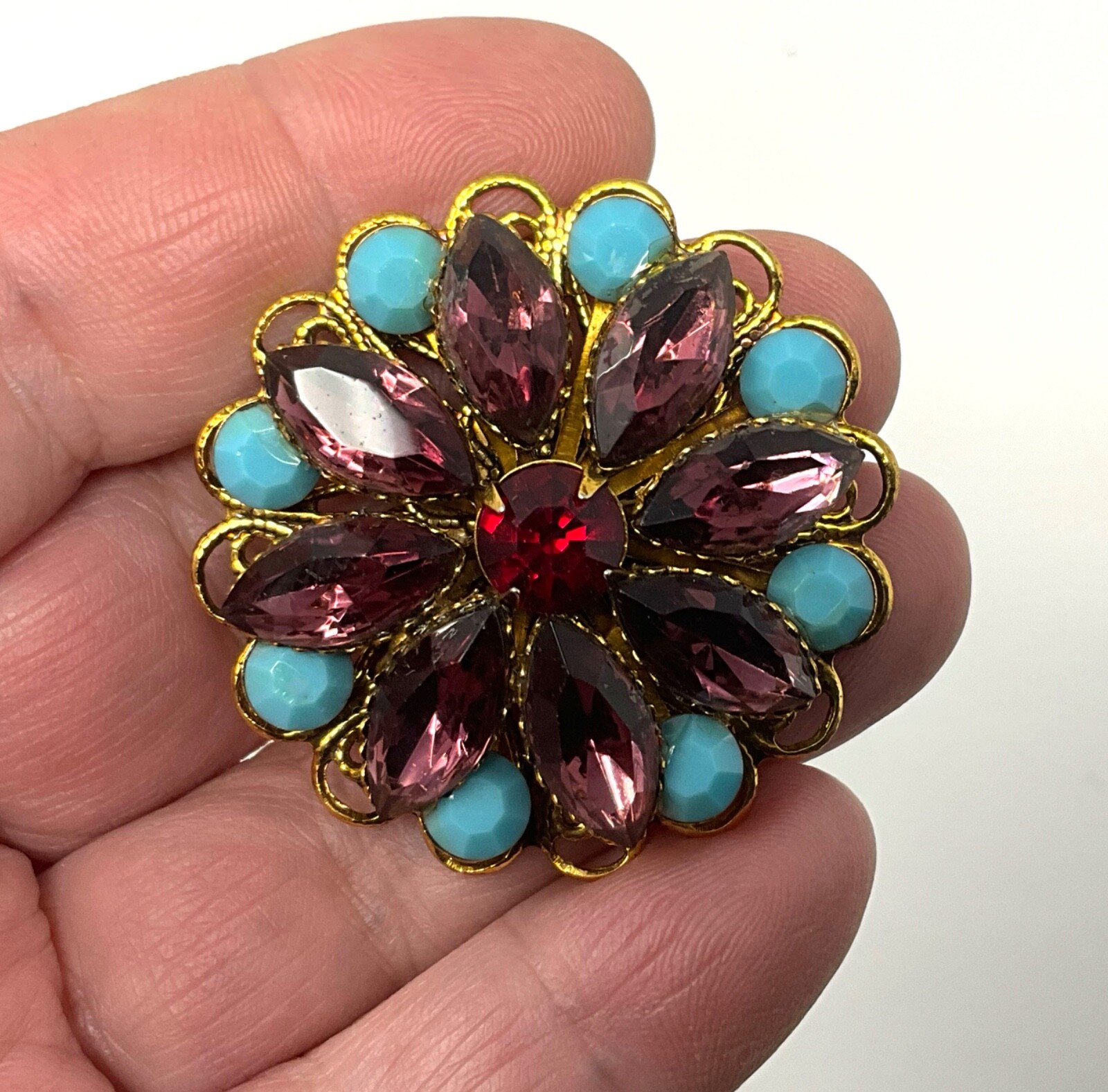 Vintage Purple and Blue Rhinestone Prong Set Brooch Pin