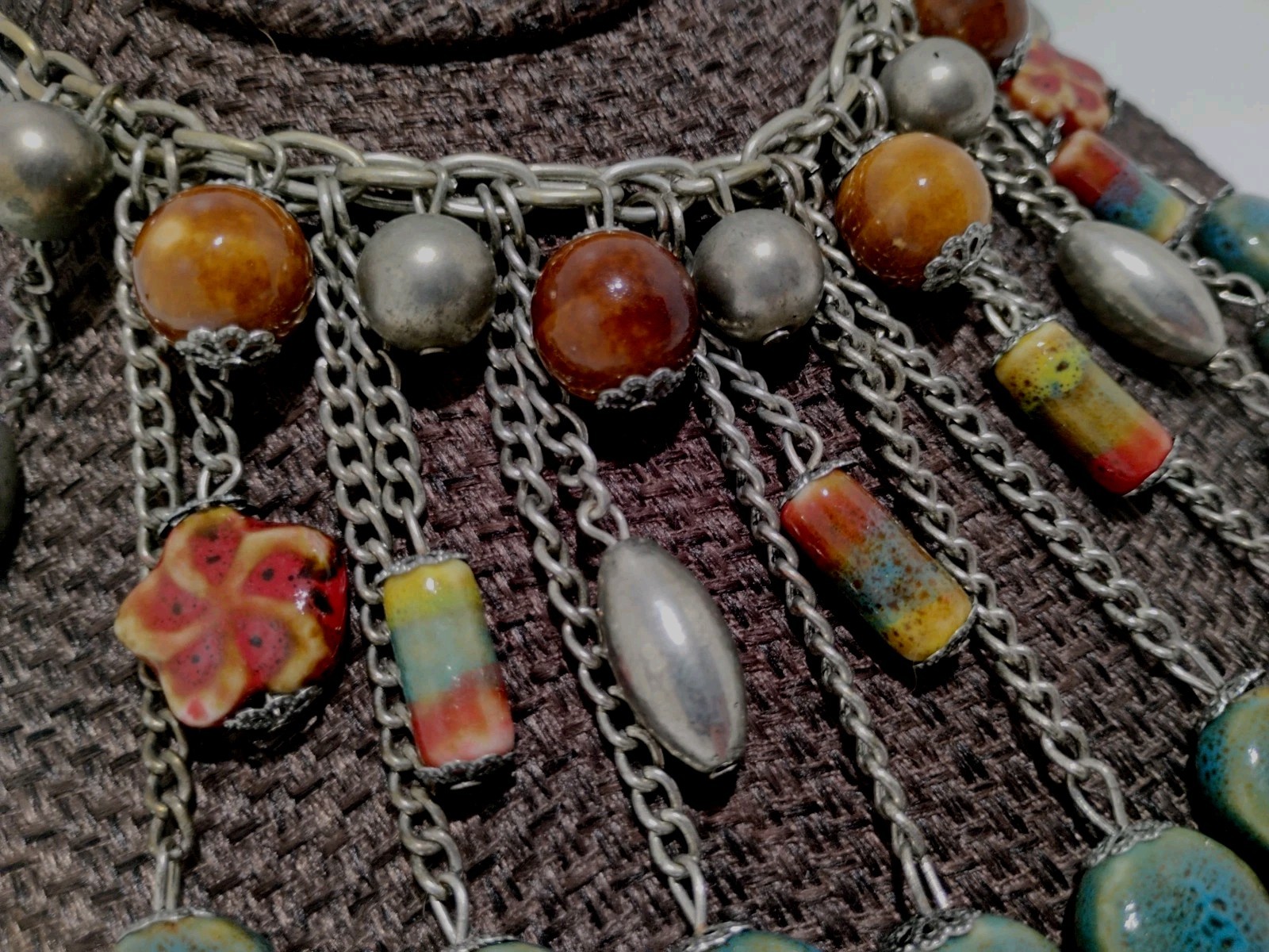 Boho Statement Bib Necklace 17″ Multicolor Ceramic Bead Silver Tone Fringe Style