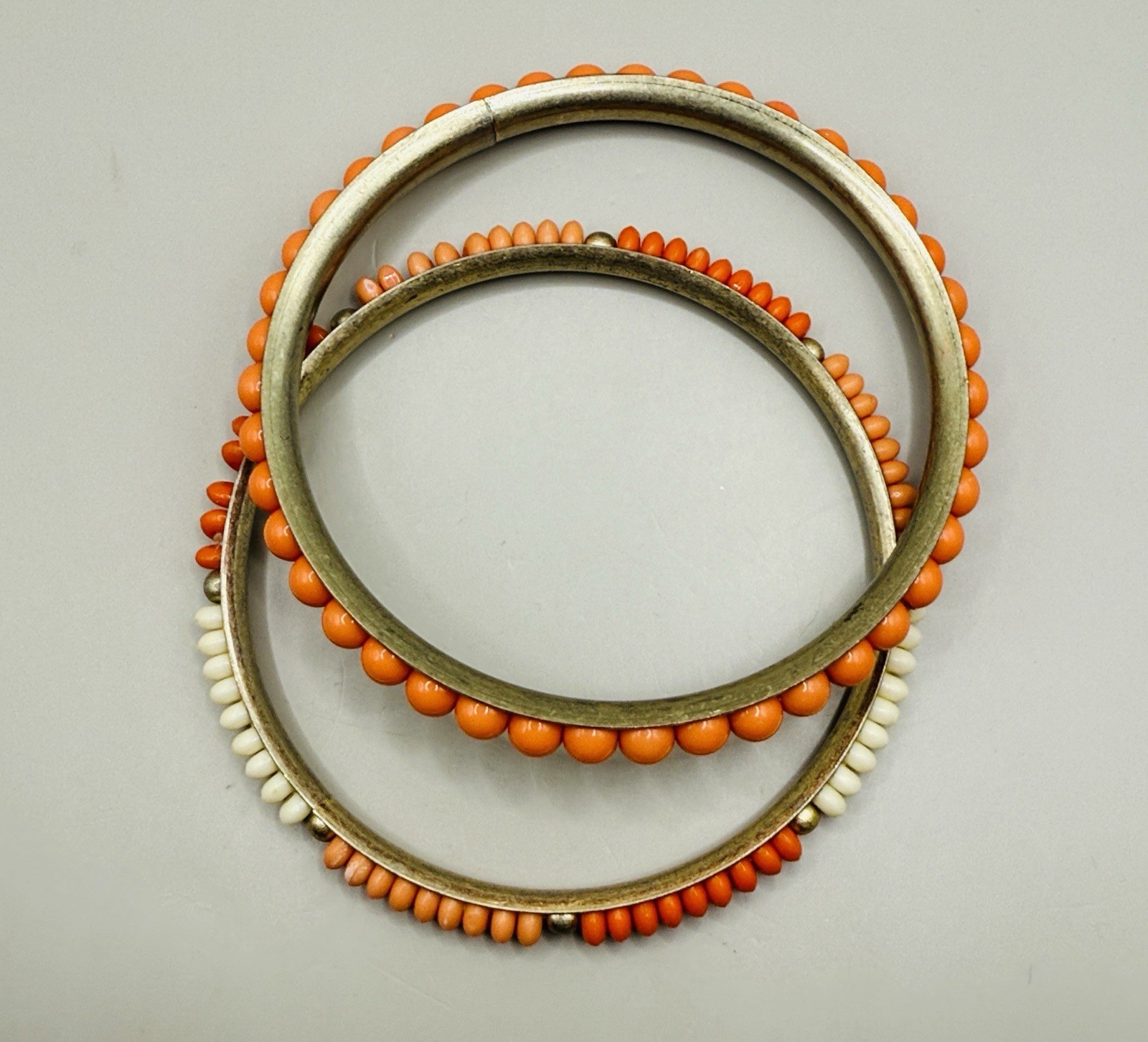Vintage Gold Tone Orange Cream Beaded Set Of Two Bangle Cuff Statement Bracelets