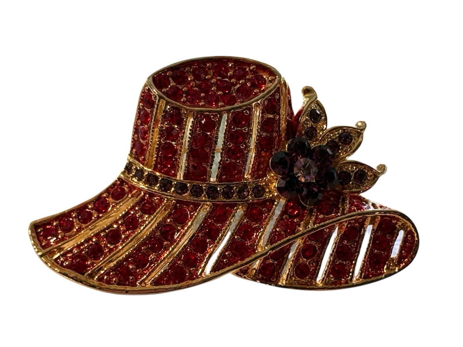 Vintage Red Hat Society Brooch Pin Red & Purple Rhinestones Gold Tone Flower