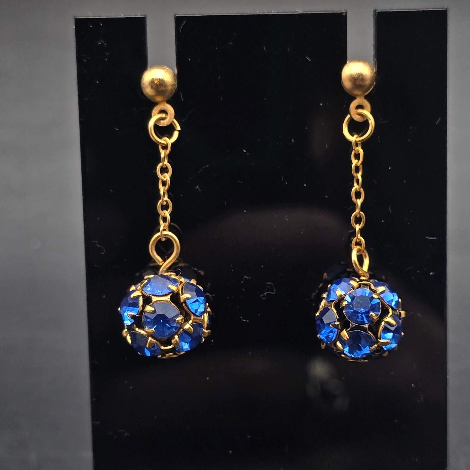 Blue Rhinestone Ball Earrings Gold Tone Pierced Post Dangle Drop Vintage