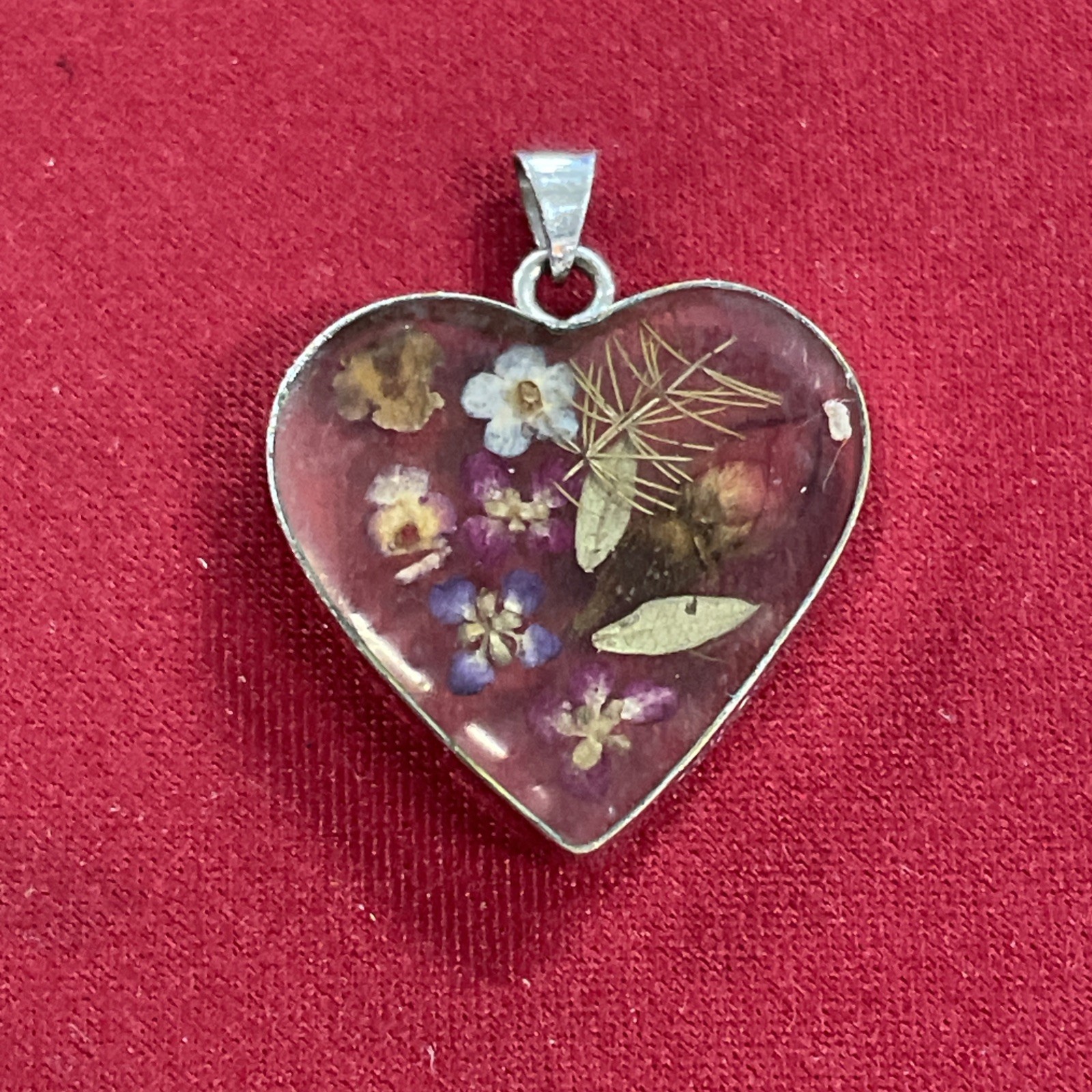 Vintage Silver Toned ATI Mexico Preserved Flowers Resin Heart Pendant