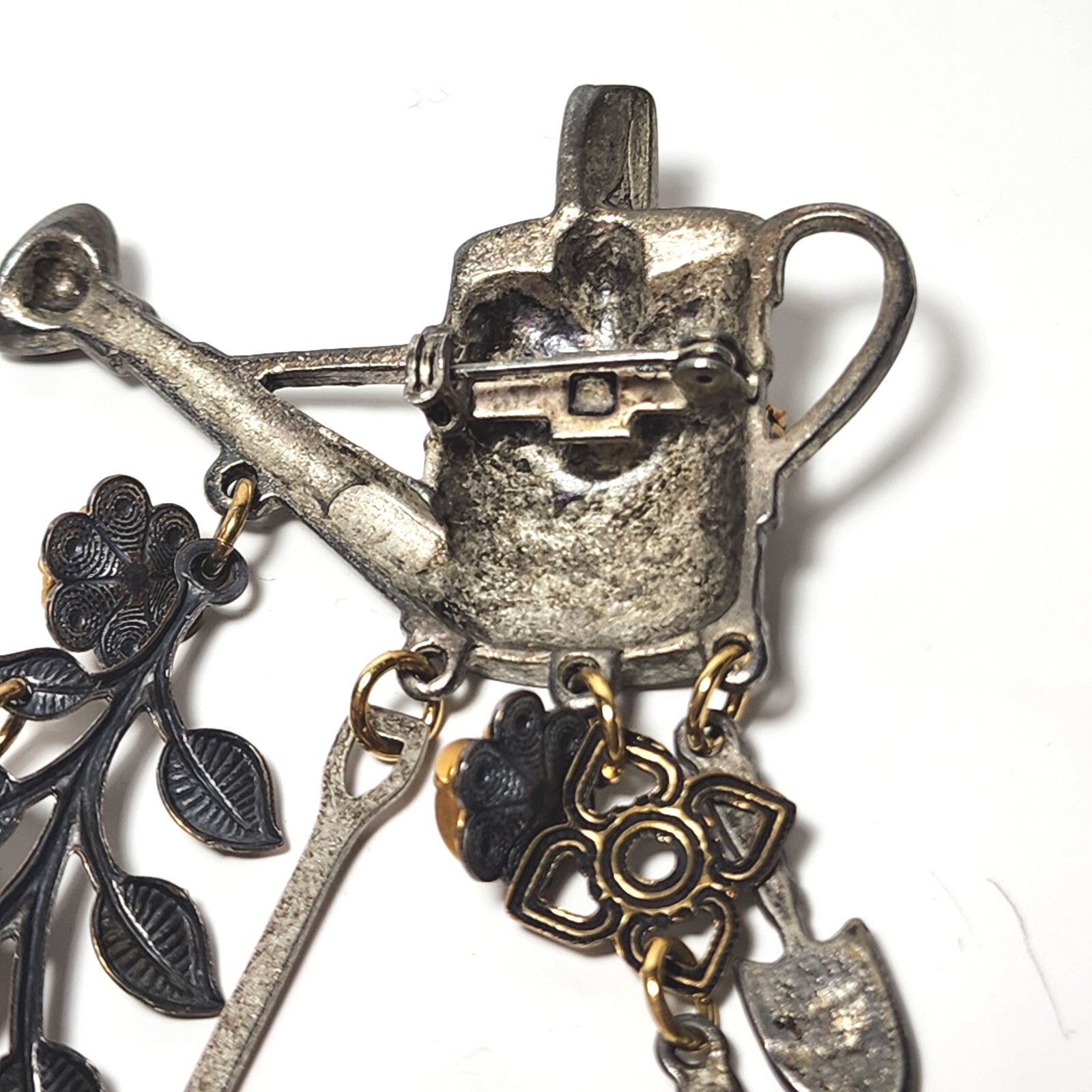 Vintage Jewelry Pewter Metal Garden Brooch Pin w Rhinestones & Gold Flowers