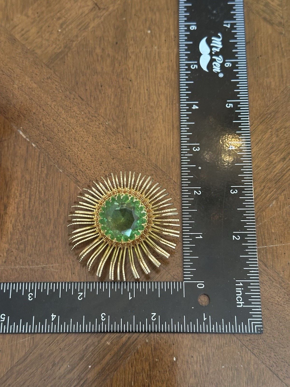 Vintage Mid-Century Lime Green Rhinestone Atomic Starburst Brooch Gold Tone Nice