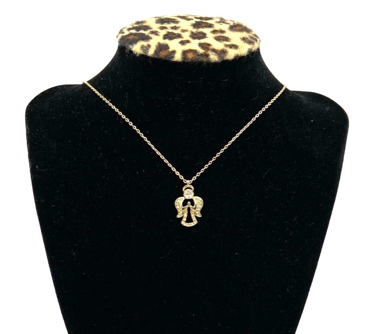 VTG 1980s DANBURY MINT Sky Blue Rhinestone Angel Necklace 18″ Gold Tone w/ Pouch