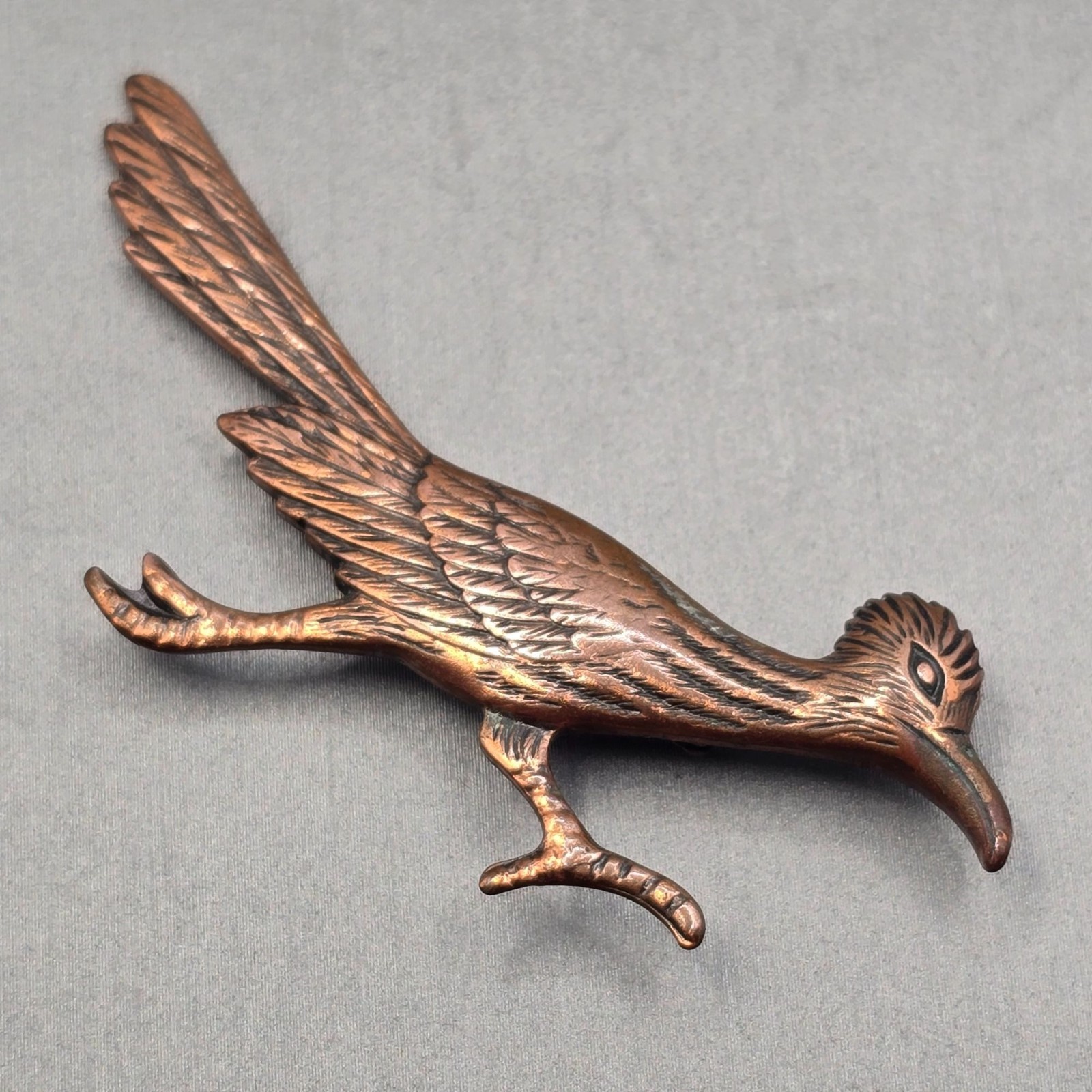 VTG Southwestern Copper Roadrunner Bird Brooch Pin 2.5″ Etched Pressed Metal 50s