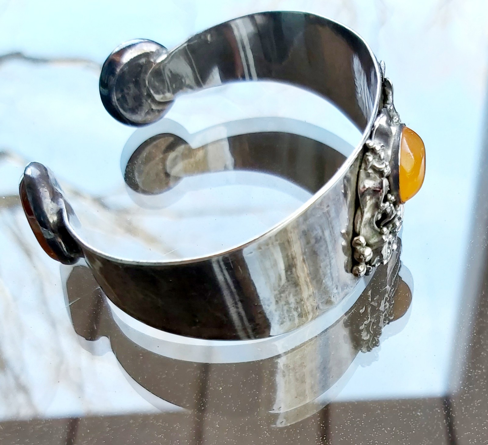 Antique Art Deco Sterling Silver Cuff Bracelet Original Design 3 Amber Inserts