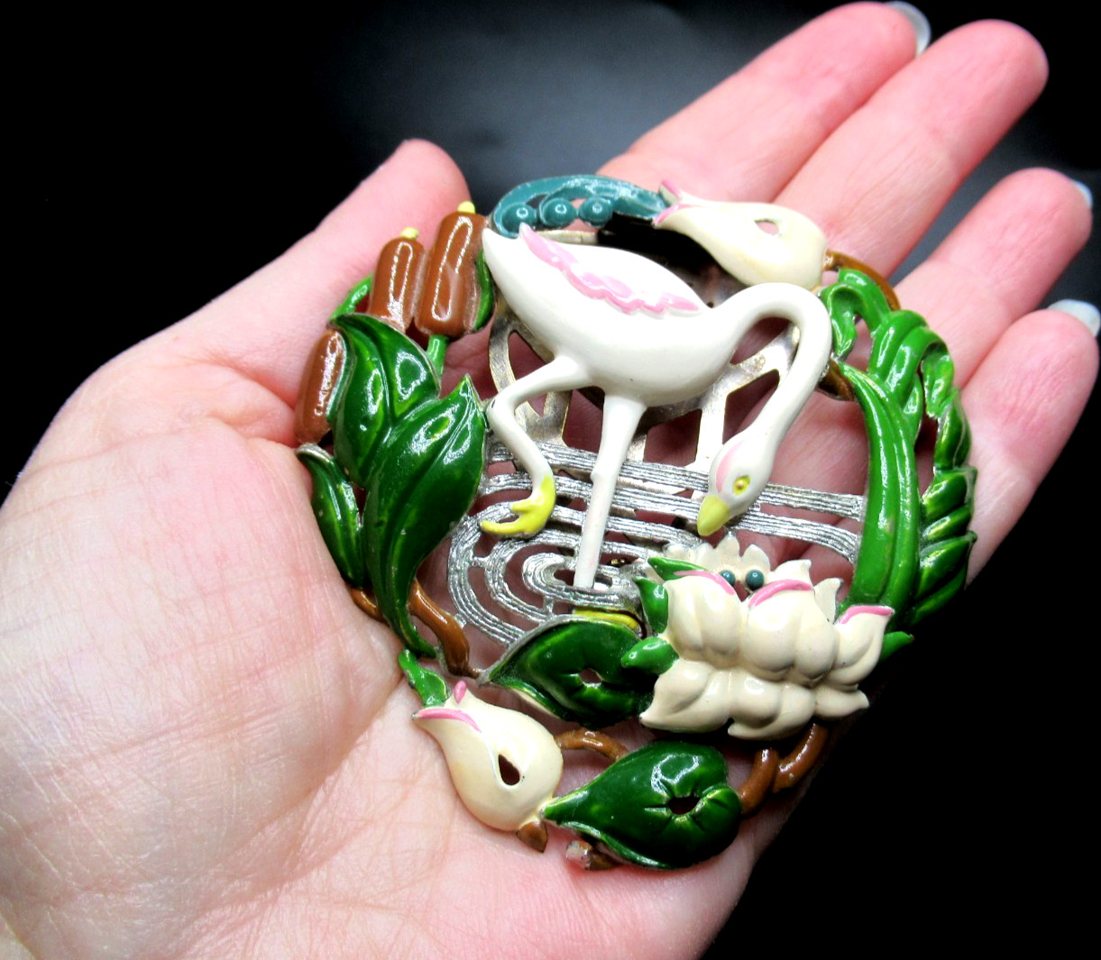 Amazing HUGE Enamel Bird in Pond Garden Vintage Dress Clip