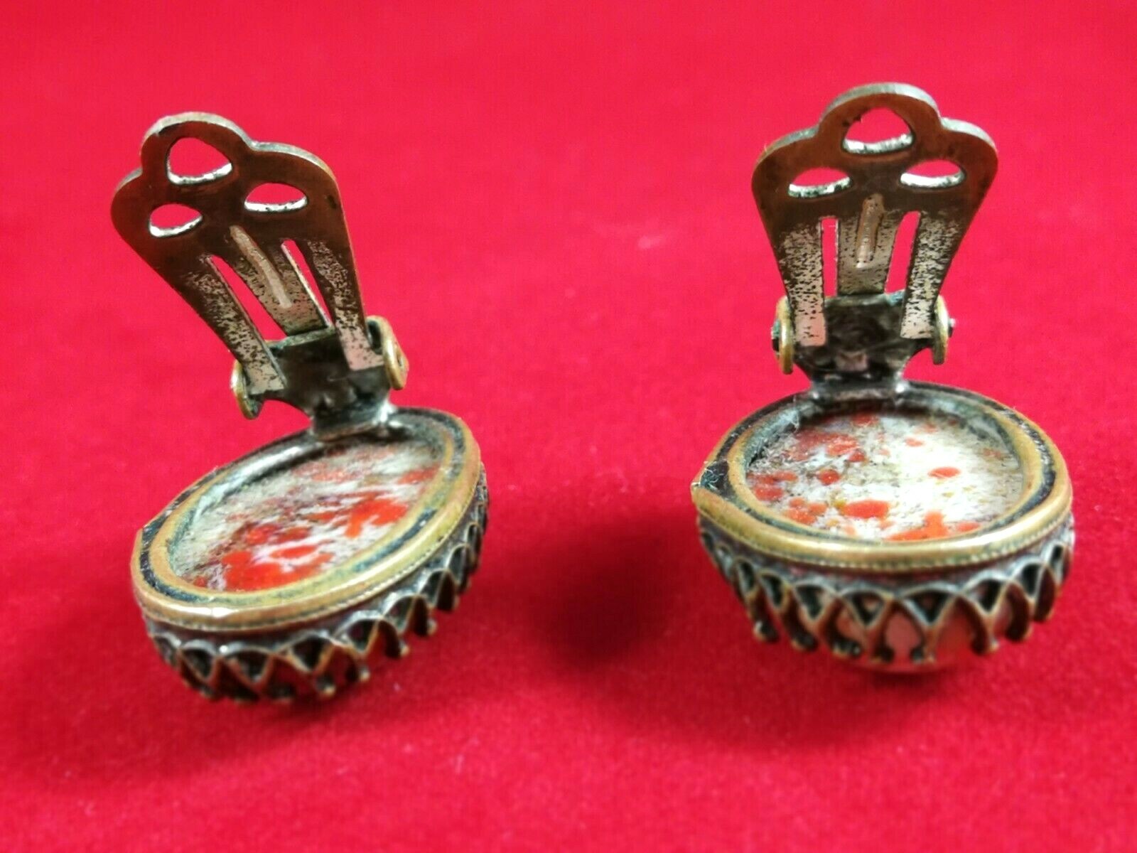 Vintage Czech Earrings Red Art Deco Glass Crystals Bohemian Art Glass Cabochon