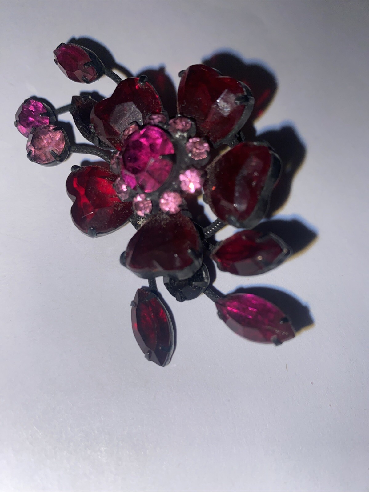Vintage Unsigned SCHREINER Julian Pink & Fuchsia Flower Red Hearts Pin Brooch