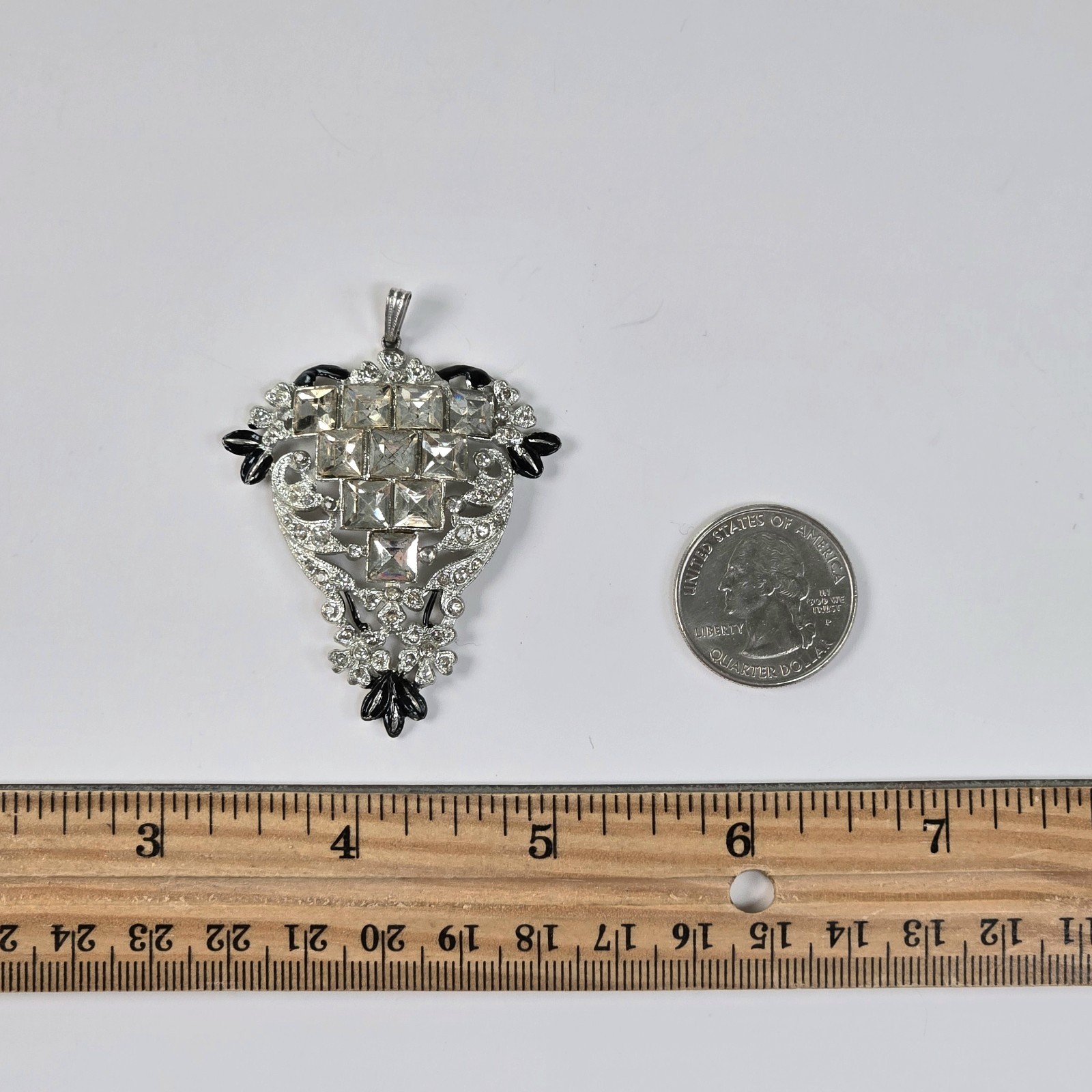 Art Deco Rhinestone & Black Enamel Lavaliere Pendant Only
