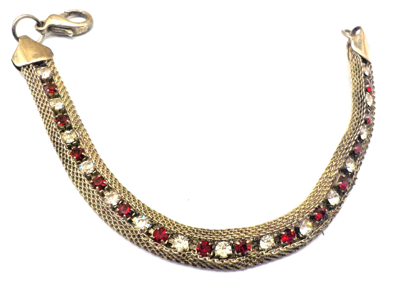 Vintage Mesh Silver-tone Bracelet with Red and White Rhinestones 7″