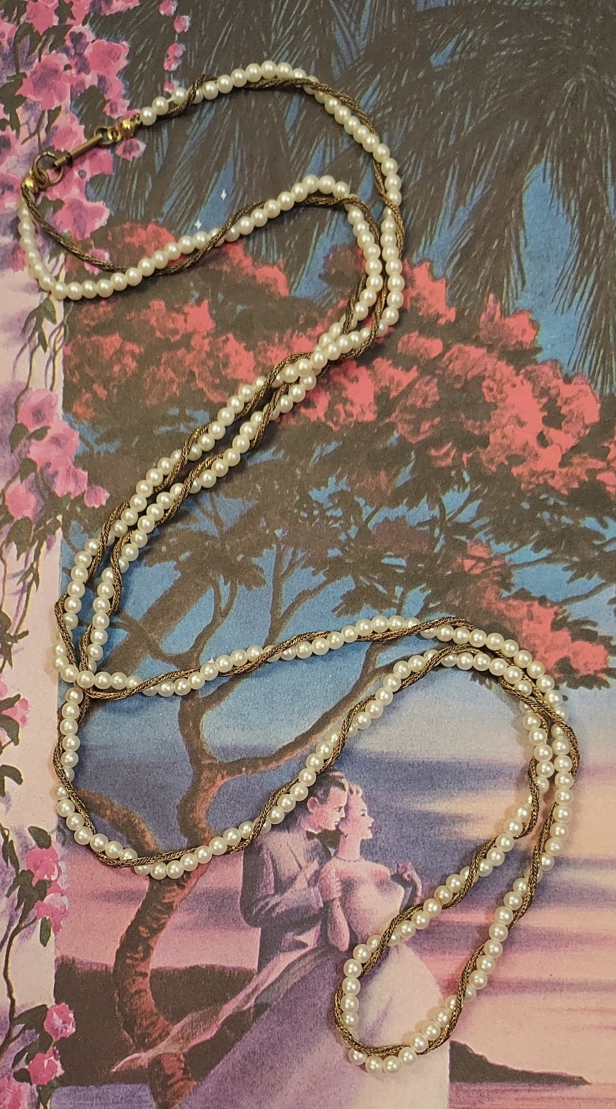 Miriam Haskell Vintage Necklace Faux Pearl Wheat Chain Bronze Tone Signed 34″