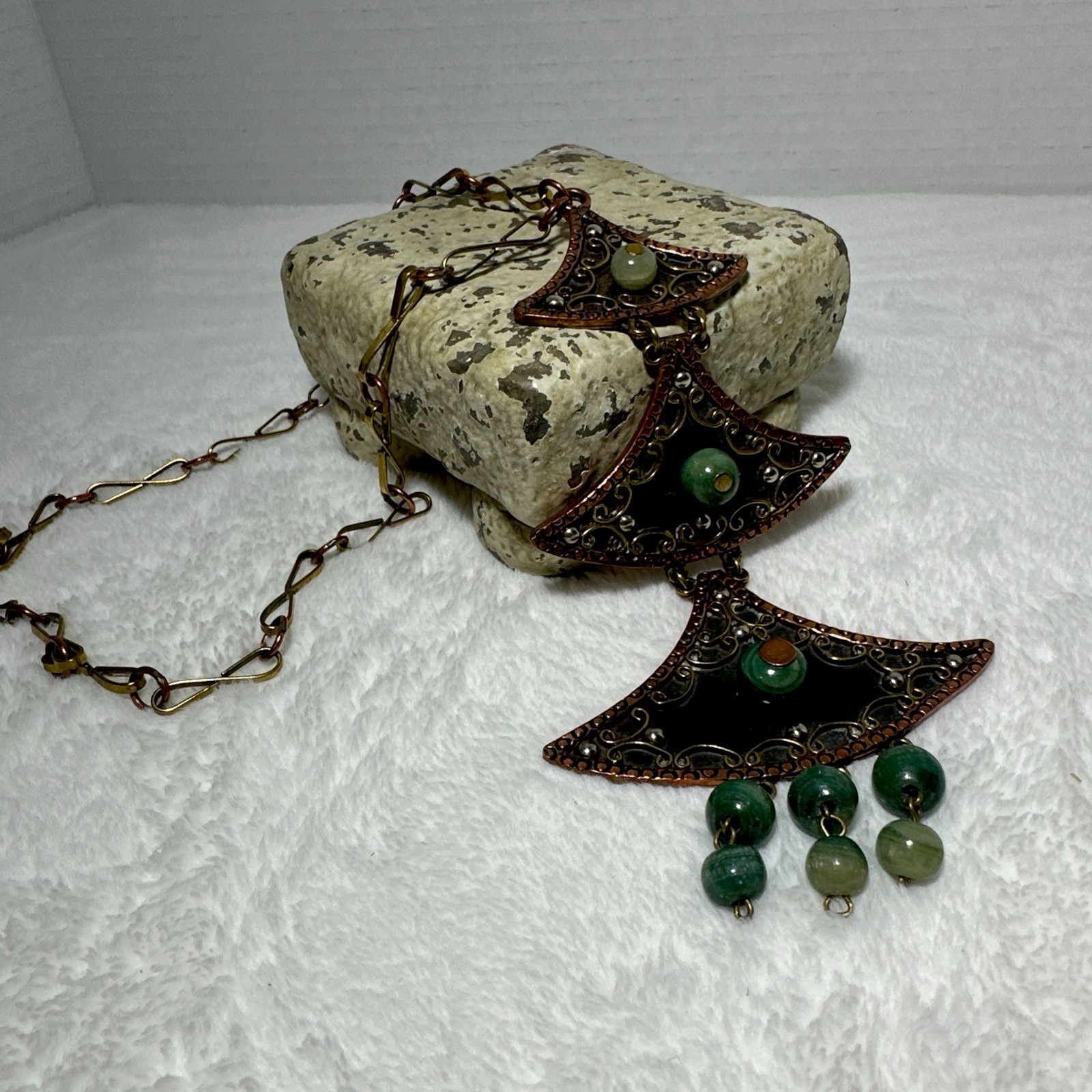 Vintage Casa Maya Mexico Statement Necklace Copper Brass Green Onyx Book Piece