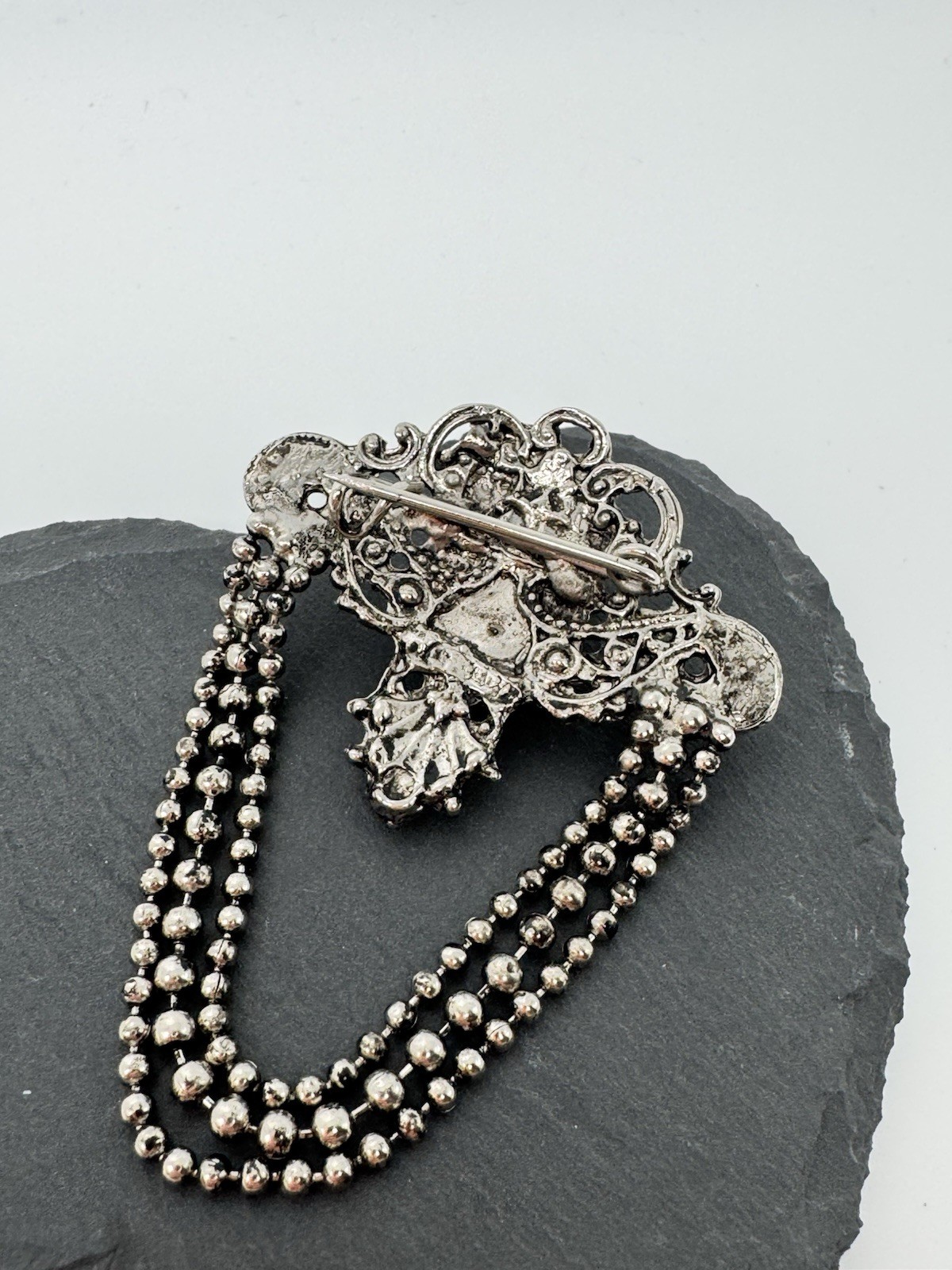 VTG Victorian Revival Gothic Brooch Silver-tone W/ Black Faux Onyx Cab Art Deco