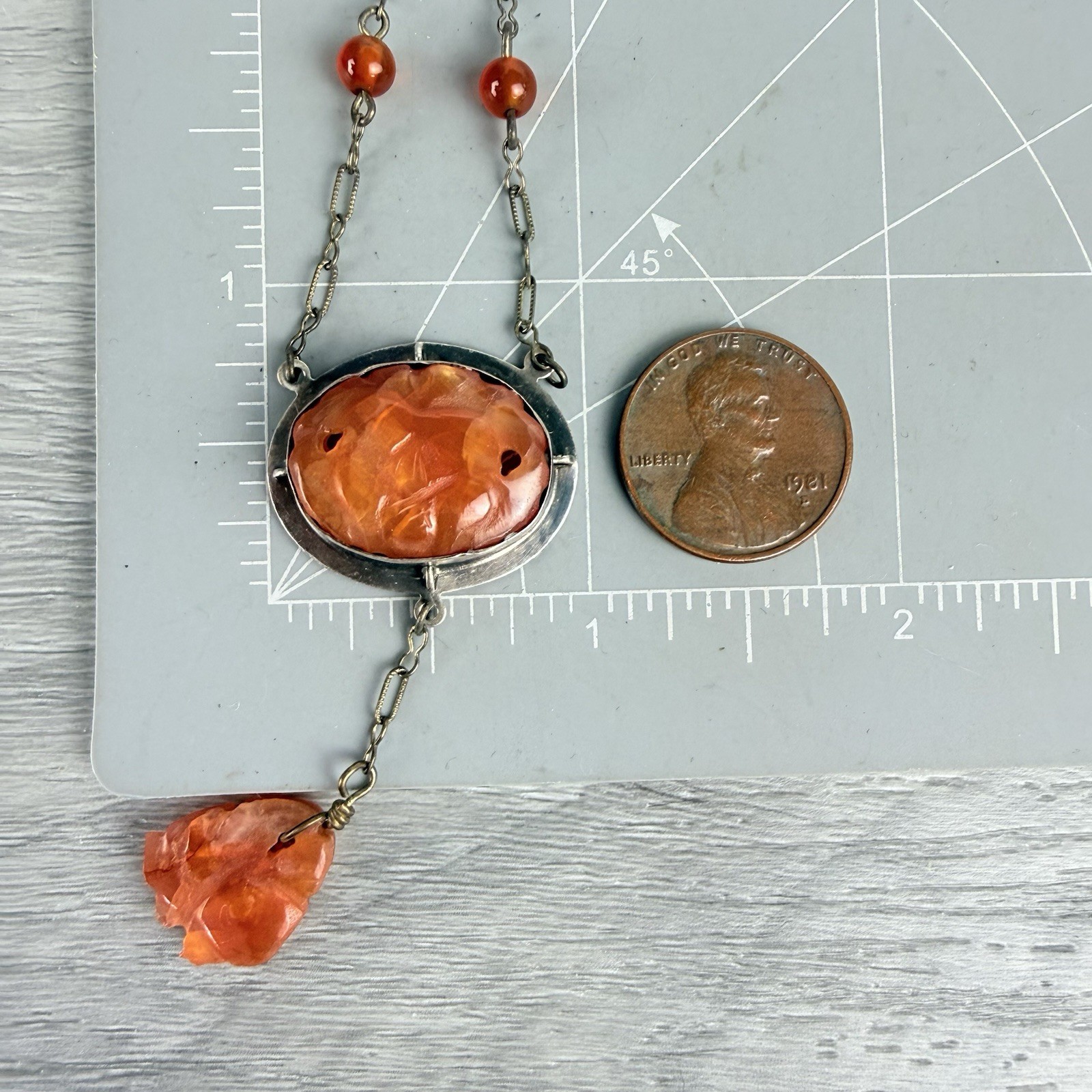 Antique Vintage Carved Carnelian Silver Pendant Necklace Art Deco
