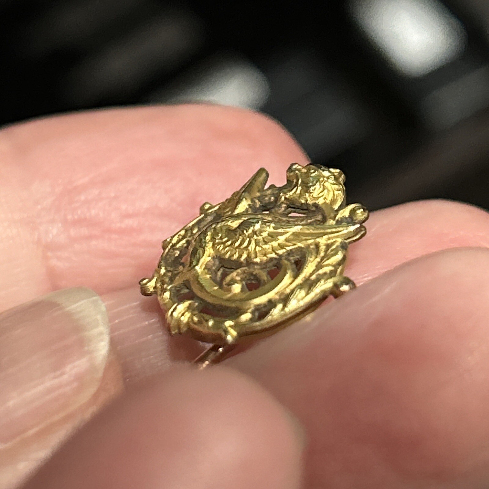 c1900s Stick Hat Lapel Pin Dragon Serpent Chimera Gold Fill French Stamp