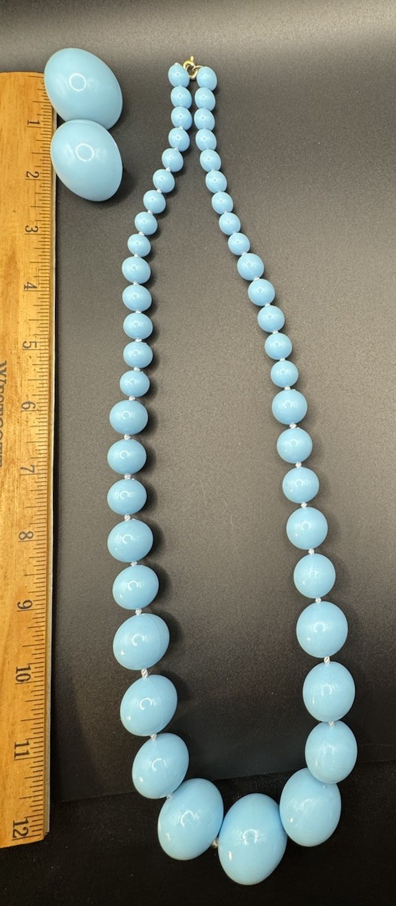 Signed Baby Blue Lucite Beaded Necklace Clip on Earrings Beautiful Set MCM