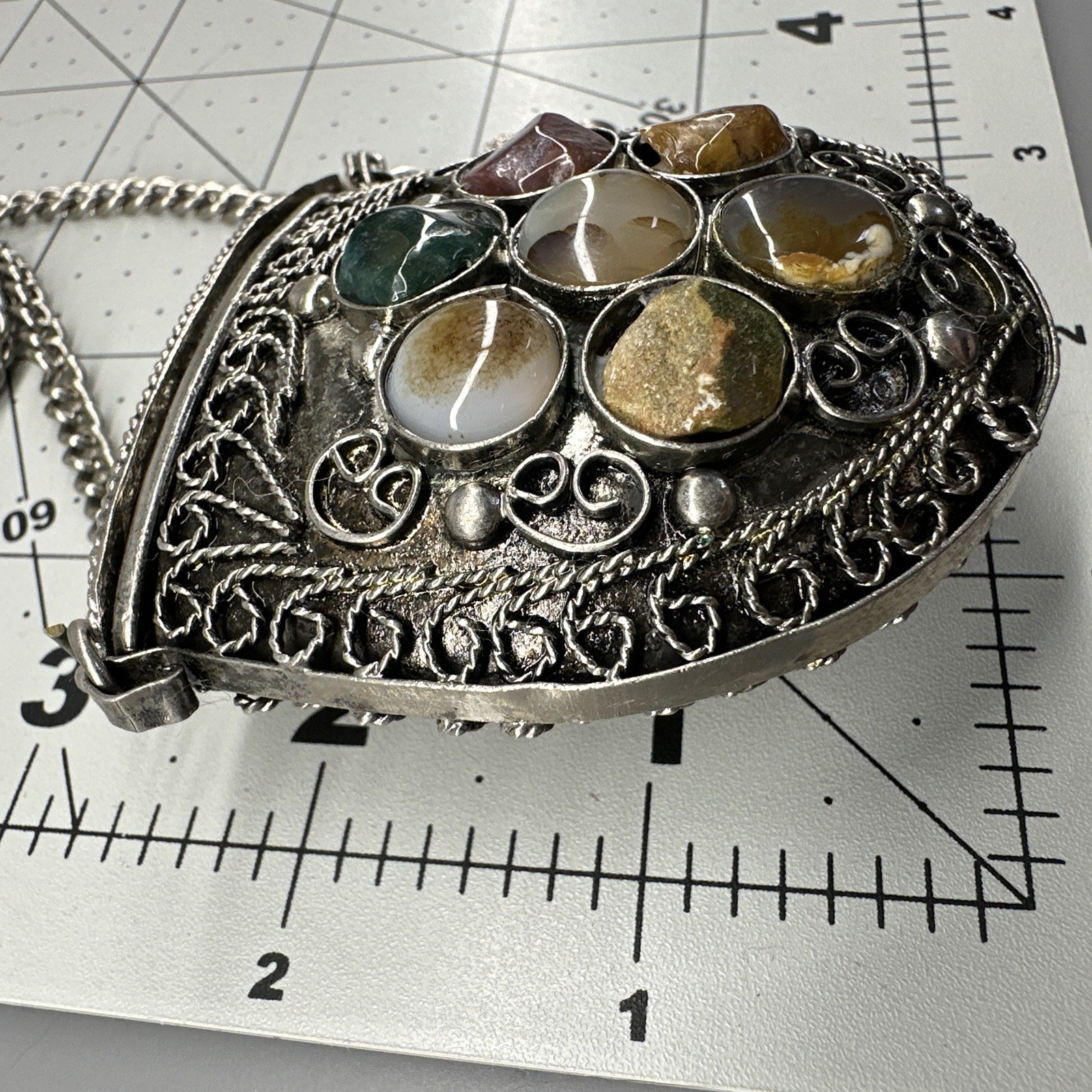 Vintage Small Silver-tone Sajai Metal Purse Necklace Agate Gemstones Tether Lid