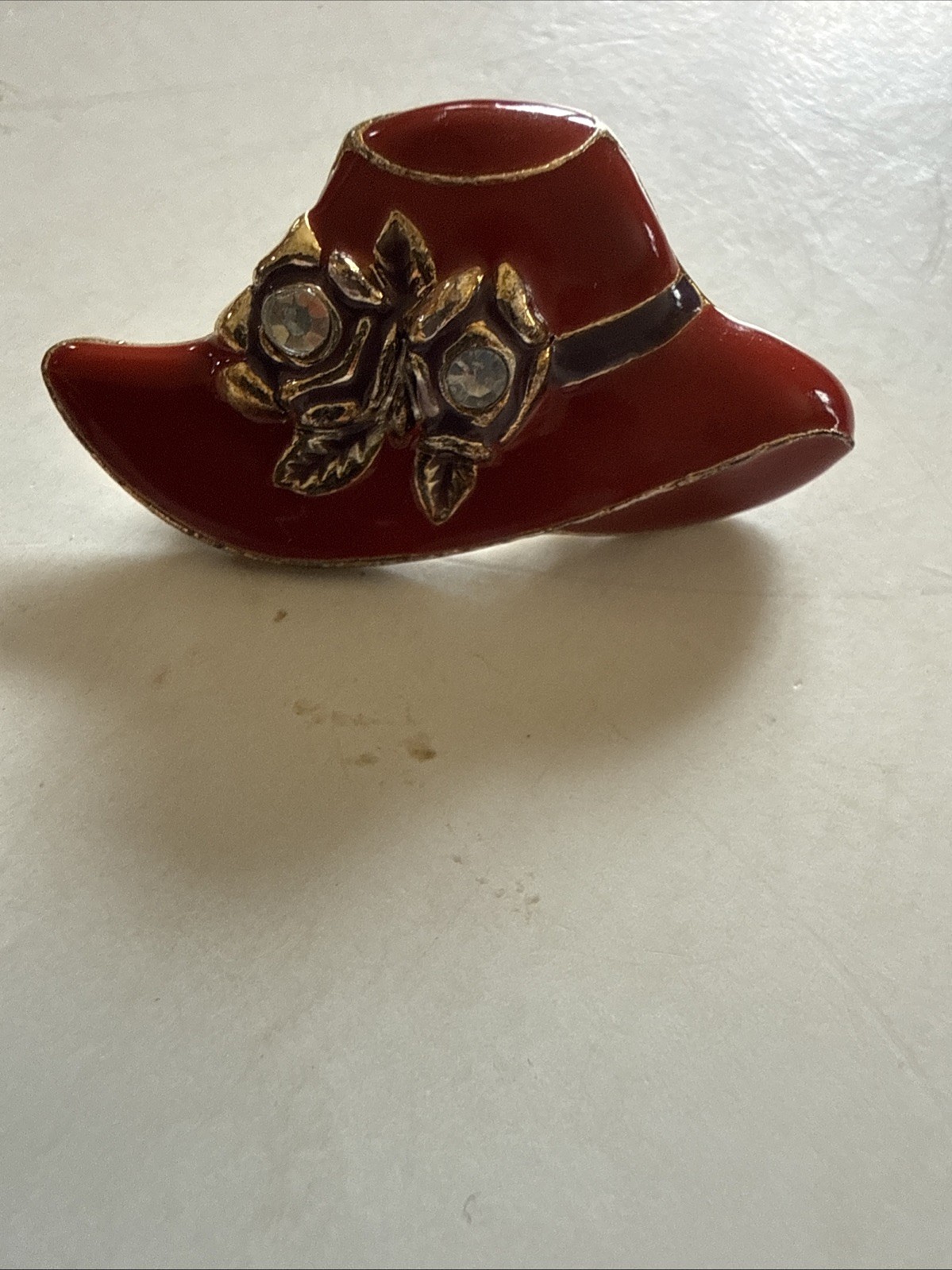 VTG Red Hat Society Enamel Brooch Pin Red Enamel Silver Tone Metal & Rhinestones