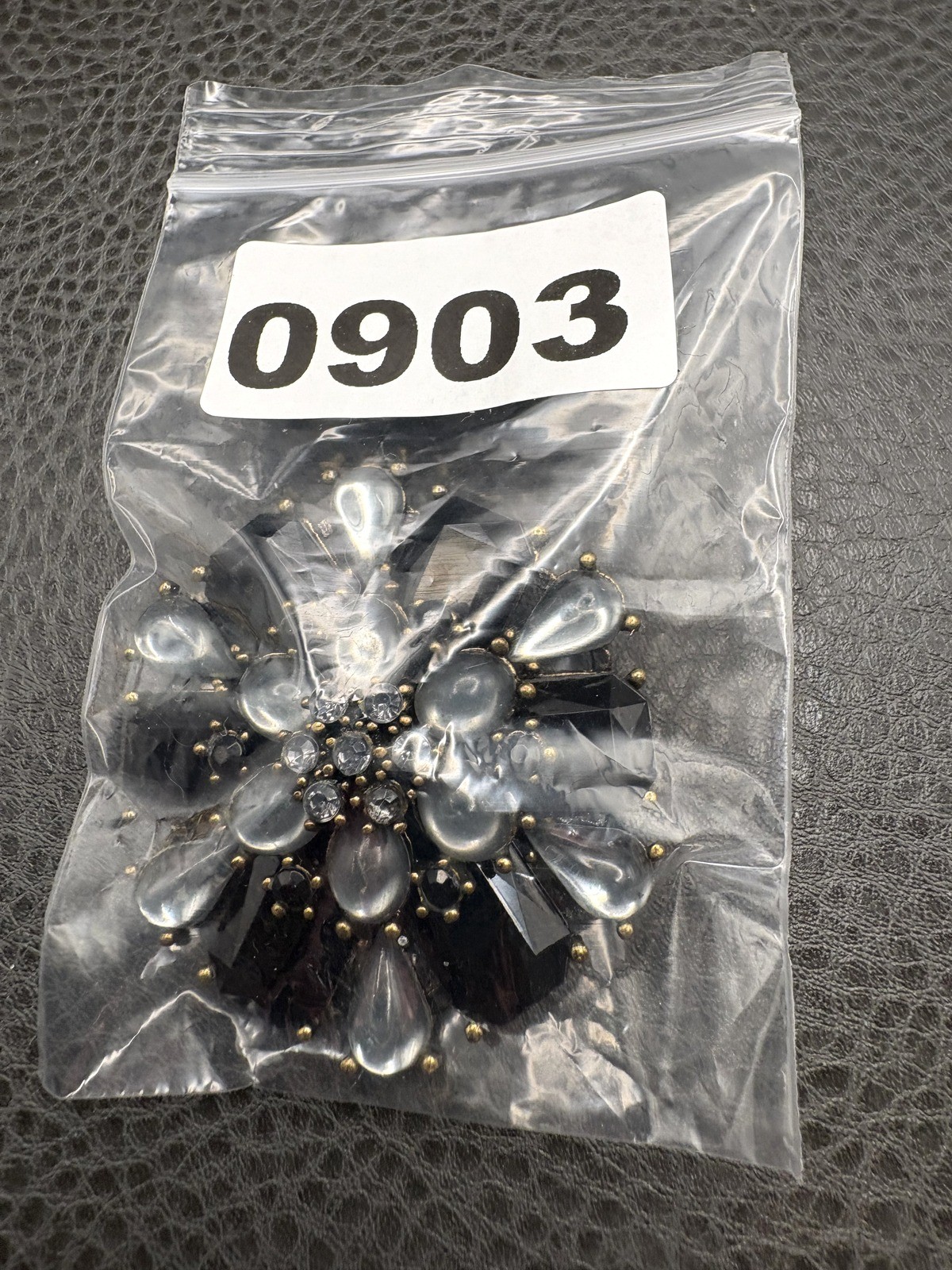 Vintage Black Rhinestone Gray Faux Moonstone Starburst Flower Brooch Pin