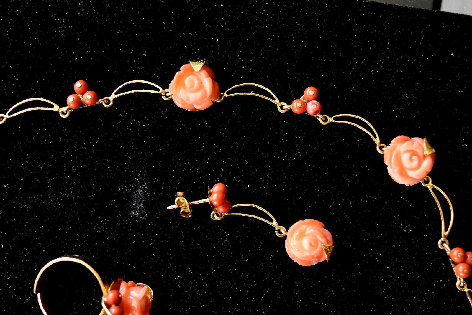 18K Solid Rose Gold and Natural Untreated Coral Necklace, Earrings & Ring Set