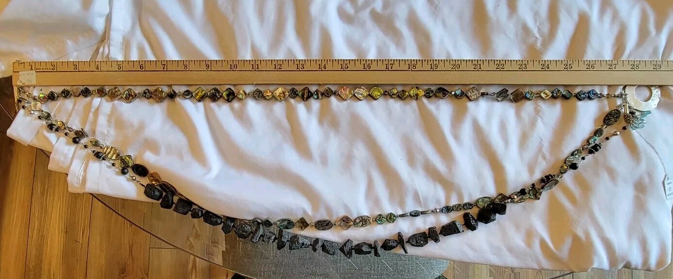 Vtg Lava Rock Mother of Pearl MOP Multi Strand Statement Necklace Signed Bob