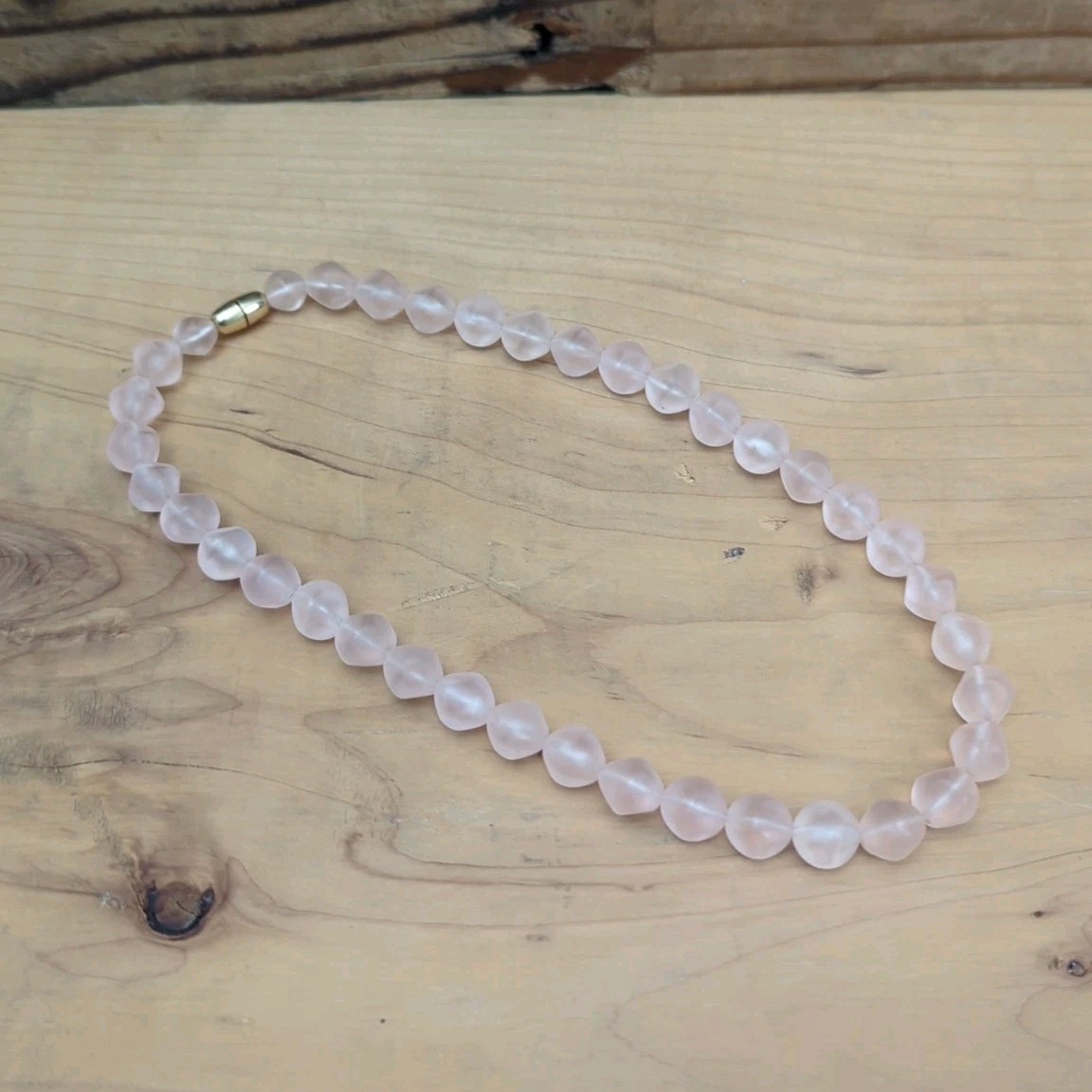 Vintage Frosted Pink Lucite Beaded Necklace Satin Finish Gold Tone Clasp