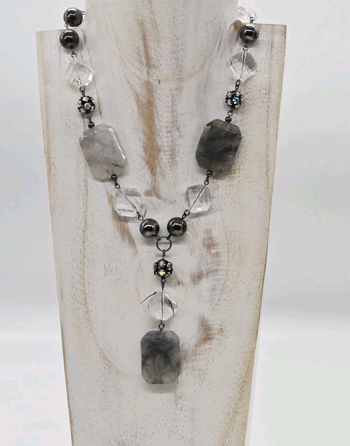 Macy’s Y Drop Necklace Marbled Grey Acrylic AB Crystal Couture Gunmetal 16 in