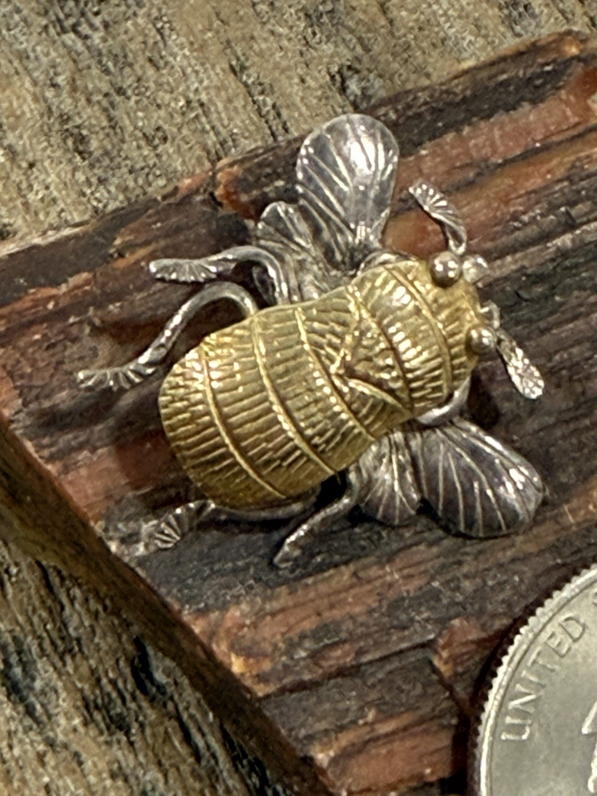 Vintage Sterling Silver Mexico Bee Figural Brooch Mixed Metal Taxco Style Insect