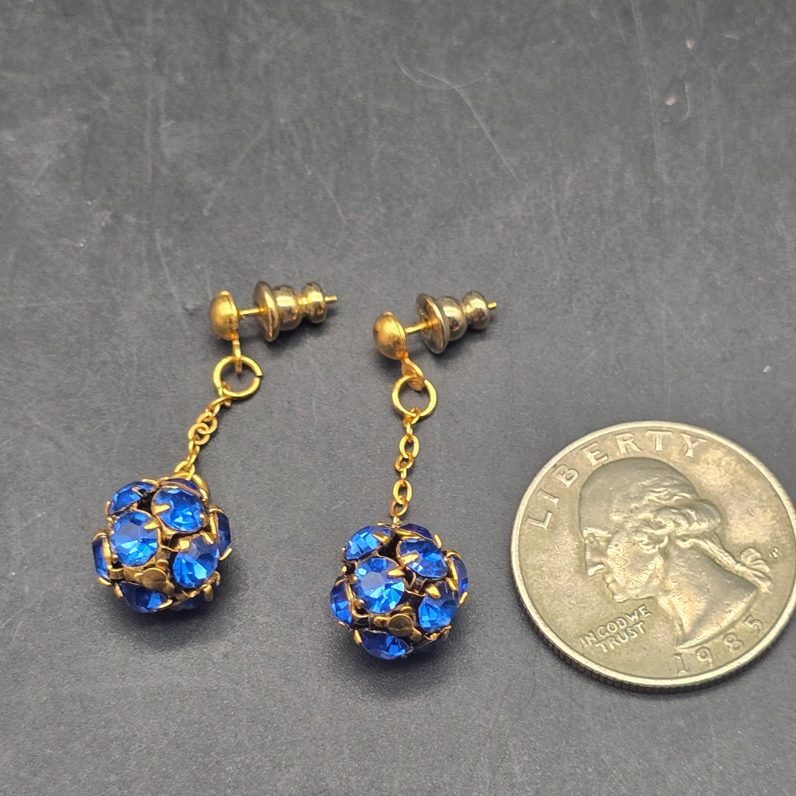 Blue Rhinestone Ball Earrings Gold Tone Pierced Post Dangle Drop Vintage