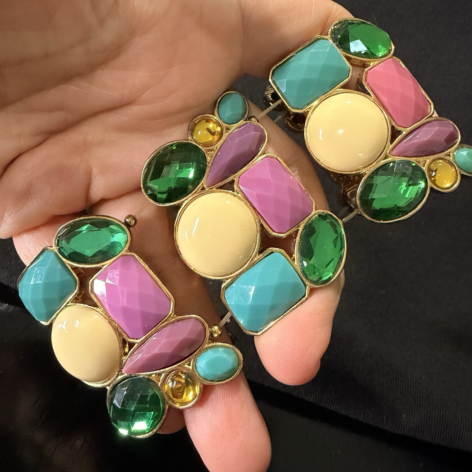 Vintage Gold Tone Faux Cabochon Bracelet Multicolor Ornate Linked Panels A1
